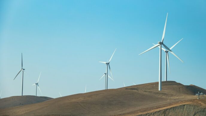 a group of wind turbines on a hill